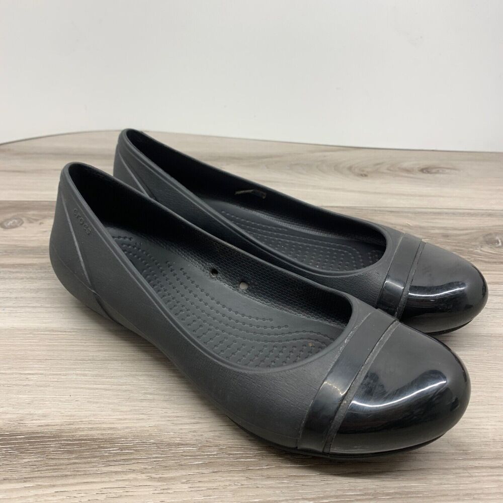 Crocs Slip on Casual Ballet Flat Womens Size 8‎ Black Rubber Round Toe